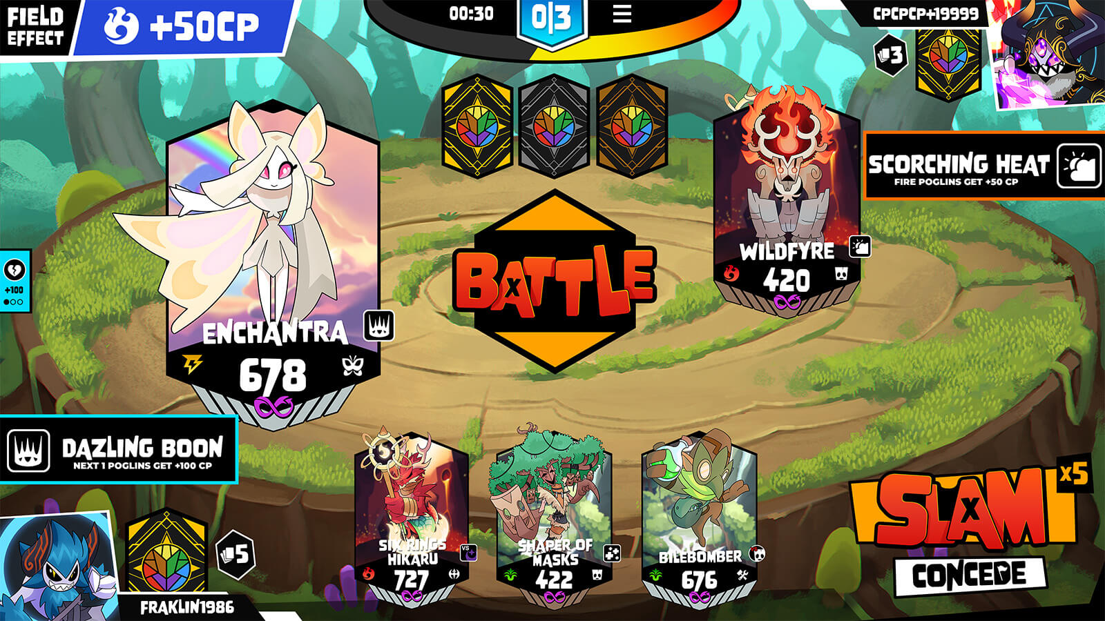 Players take turns playing Poglins face down. The tier of the Poglin will be visible on the back of its shard.